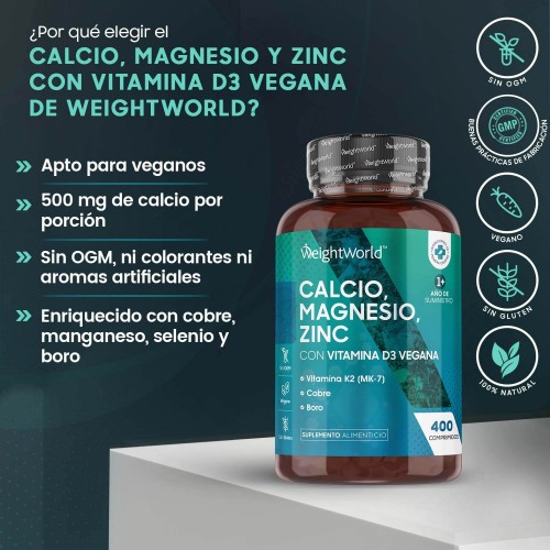 Calcio, Magnesio y Zinc con Vitamina D3 400 Comprimidos Suplemento