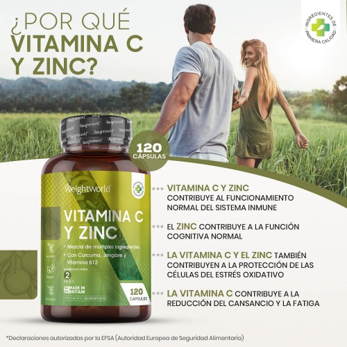 Cápsulas de Vitamina C y Zinc 120 Cápsulas Suplemento Natural para