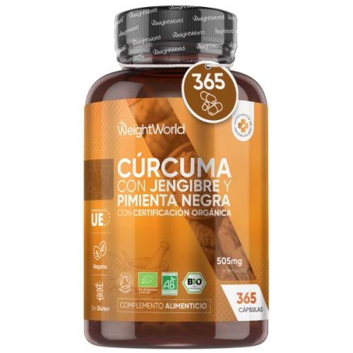Cúrcuma Orgánica con Jengibre y Pimienta Negra - 505 mg 365 cápsulas - Salud de Articulaciones, Músculos y Piel