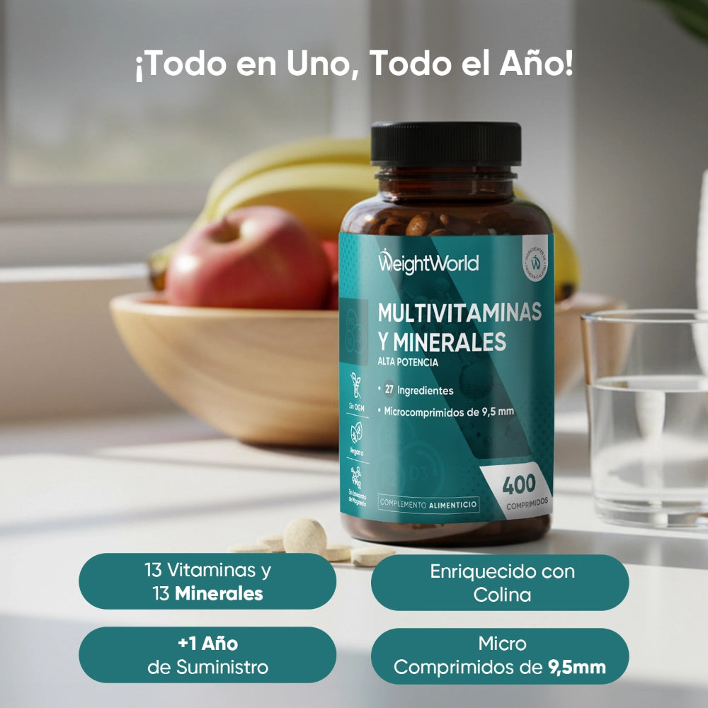 13 vitaminas y 14 minerales en comprimidos de 9,5 mm