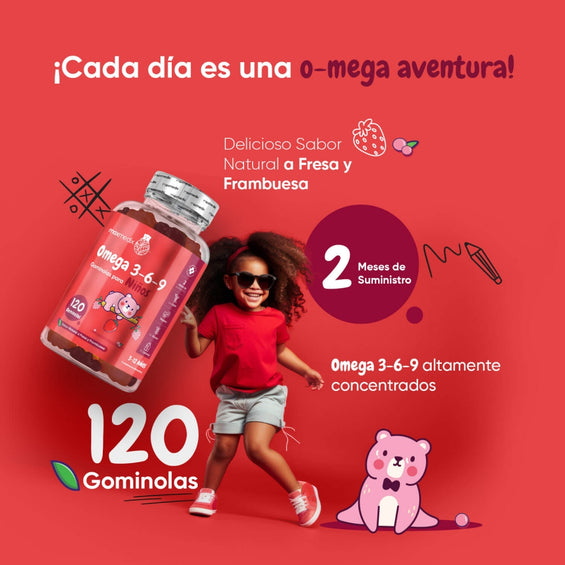 Gominolas de Omega 3 para niños y Omega 6 y 9 sabor a fresa y frambuesa