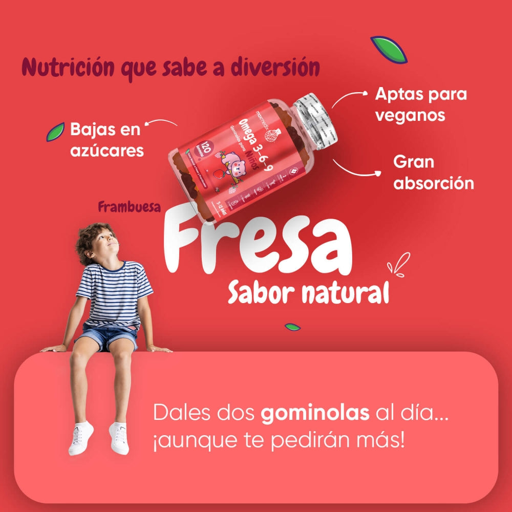 Suplemento vegano de Omega 3, 6 y 9 en gominolas sabor a fresa 