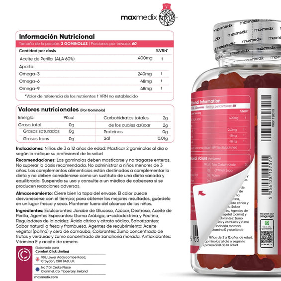 Información nutricional Omega 3,6 y 9 para niños