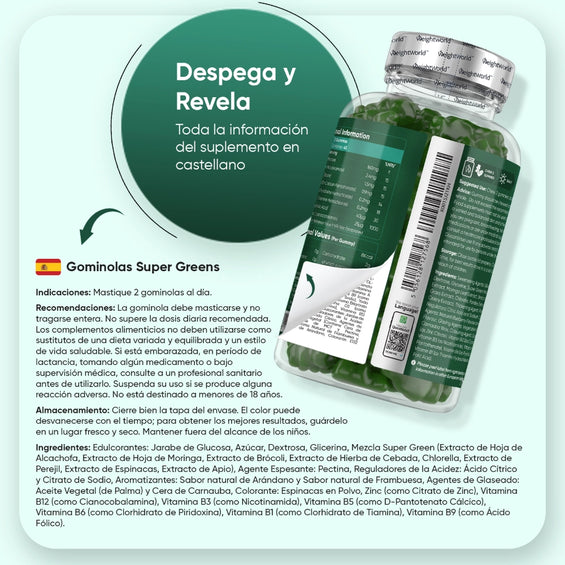 Super Greens 90 gominolas veganas, sin gluten ni OGM