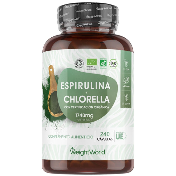 Espirulina y Chlorella orgánicas en cápsulas
