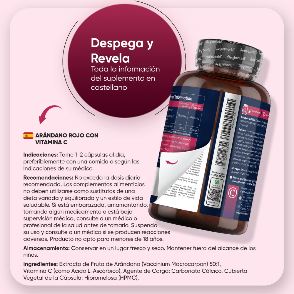 Información en español del suplemento de arándano rojo con vitamina C