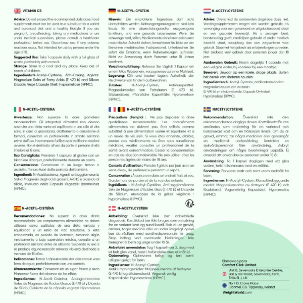 Suplemento NAC 600 mg en varios idiomas