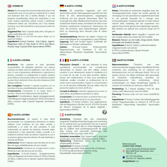 Suplemento NAC 600 mg en varios idiomas