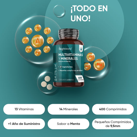 13 vitaminas y 14 minerales en comprimidos de 9,5 mm